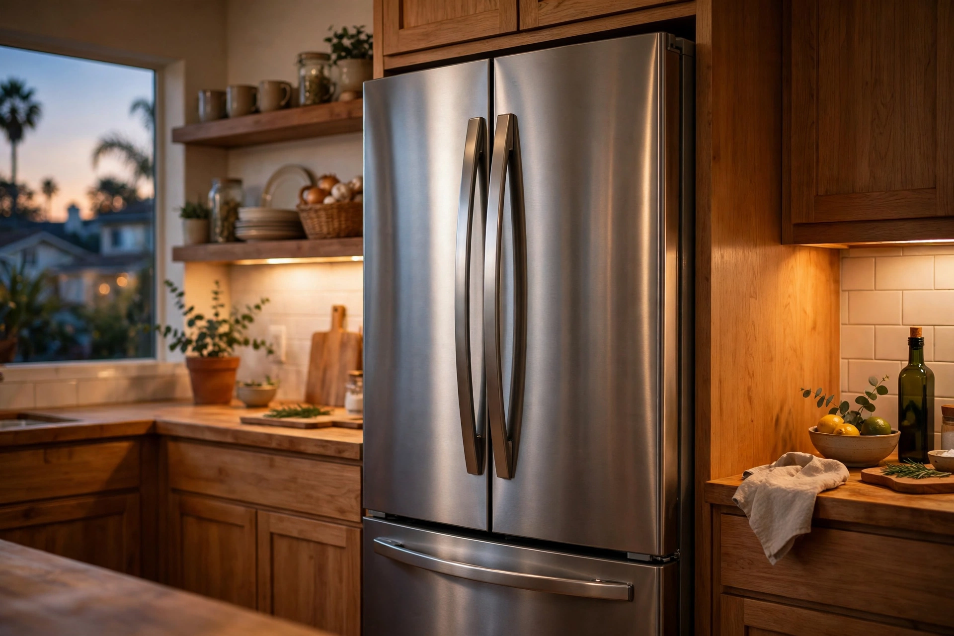 Warm kitchen at dusk with a stainless steel refrigerator