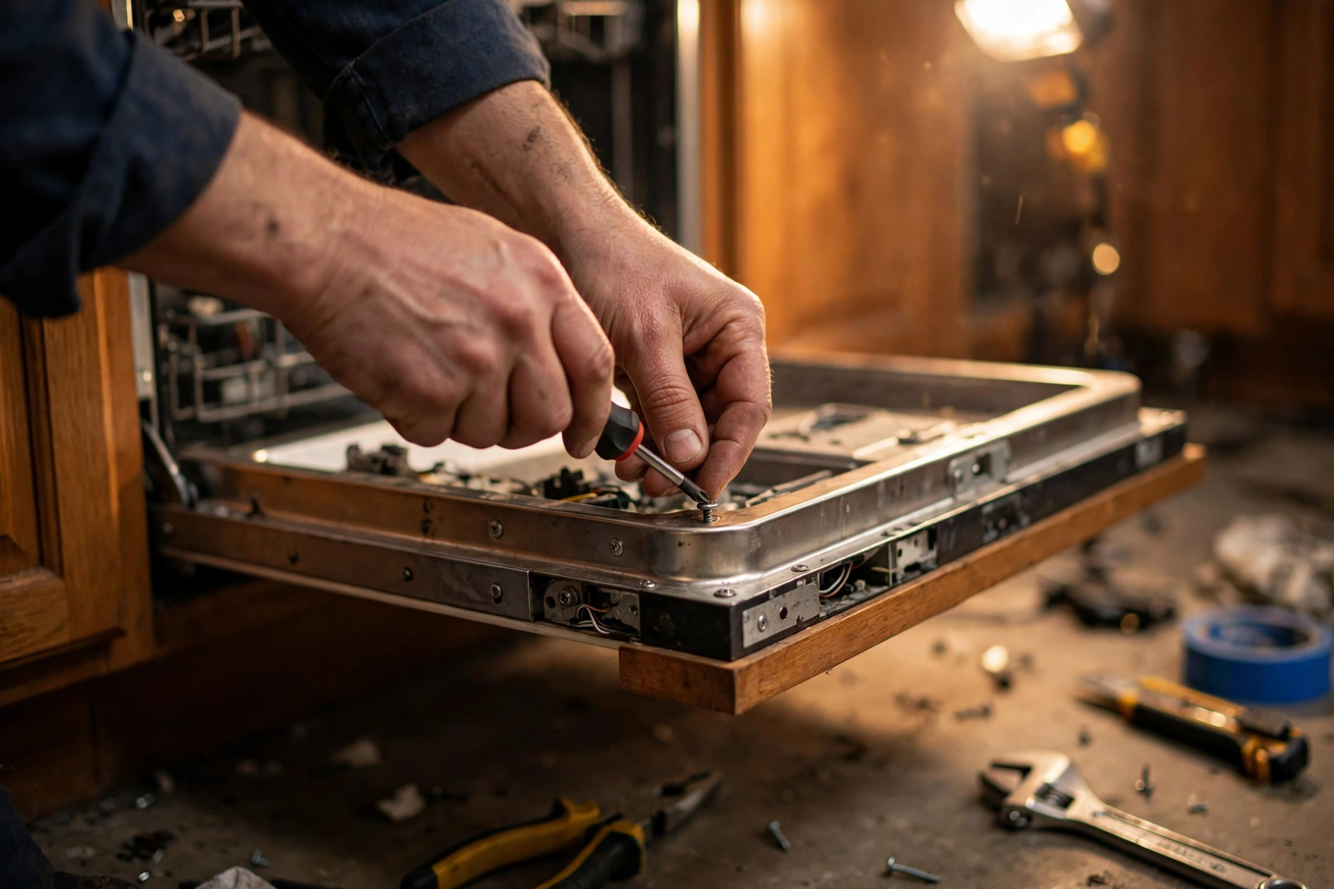 Technician's hands repairing an open dishwasher with tools nearby