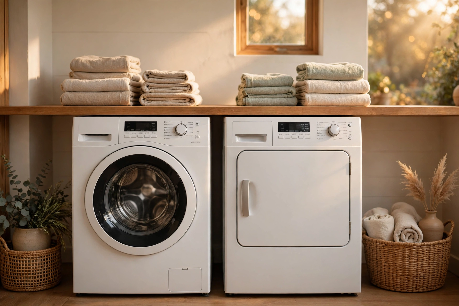 Front-load washer and dryer in warm laundry room light