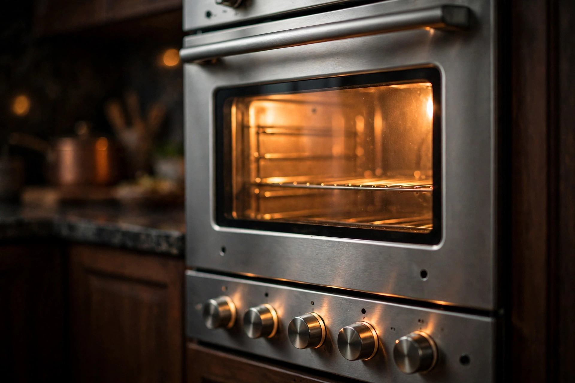 Gas range oven with its warm interior light glowing